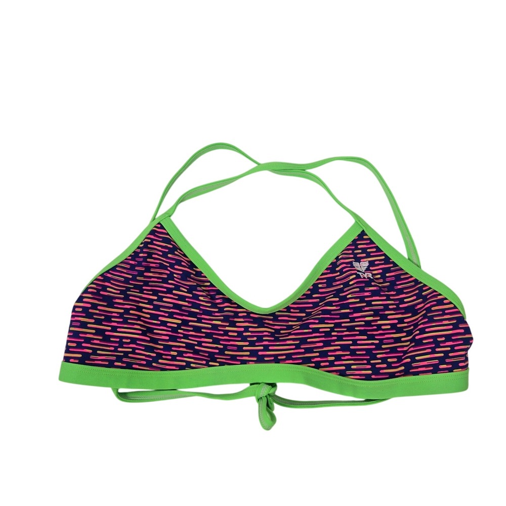 TYR Sz L Swim Top Halterneck Athletic‎ Geometric Print Neon Green Trim Women's